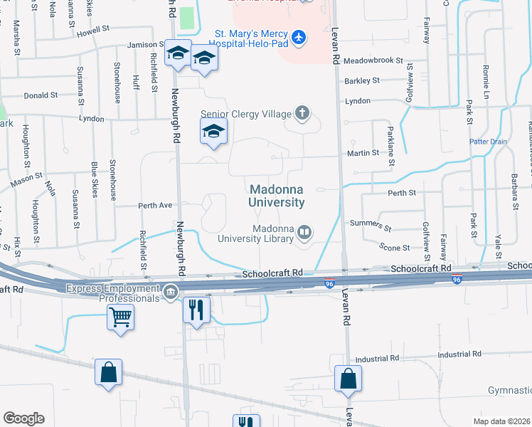 map of restaurants, bars, coffee shops, grocery stores, and more near 36600 Schoolcraft Road in Livonia