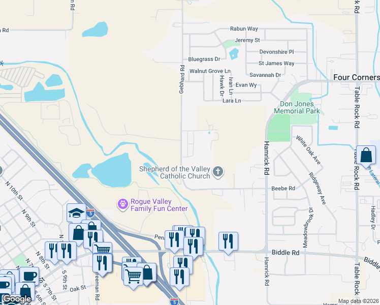 map of restaurants, bars, coffee shops, grocery stores, and more near 5154-5178 Gebhard Rd in Central Point