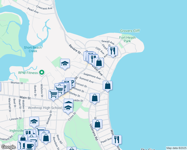 map of restaurants, bars, coffee shops, grocery stores, and more near 30 Hutchinson Street in Winthrop