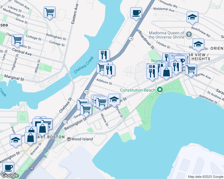 map of restaurants, bars, coffee shops, grocery stores, and more near 175 William F McClellan Highway in Boston
