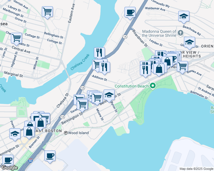 map of restaurants, bars, coffee shops, grocery stores, and more near 175 William F McClellan Highway in Boston