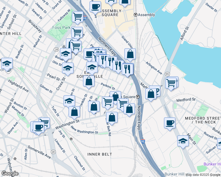 map of restaurants, bars, coffee shops, grocery stores, and more near 20 Lincoln Avenue in Somerville