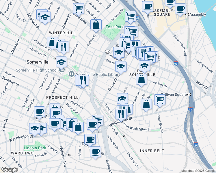 map of restaurants, bars, coffee shops, grocery stores, and more near 83 Flint Street in Somerville