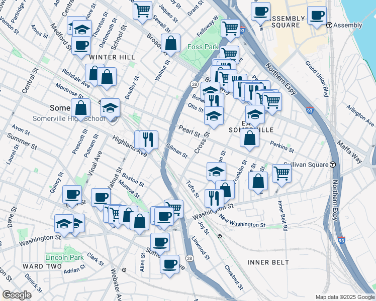 map of restaurants, bars, coffee shops, grocery stores, and more near 83 Flint Street in Somerville