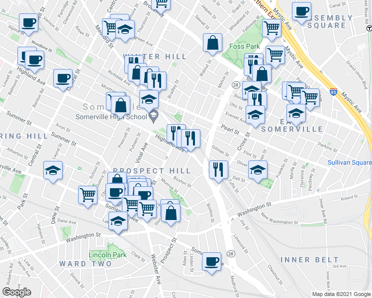 map of restaurants, bars, coffee shops, grocery stores, and more near 285 Medford Street in Somerville