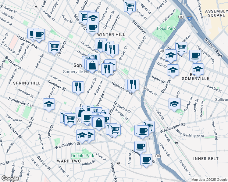 map of restaurants, bars, coffee shops, grocery stores, and more near 50 Highland Avenue in Somerville
