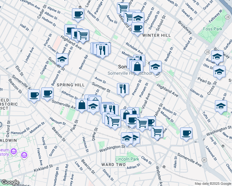 map of restaurants, bars, coffee shops, grocery stores, and more near 27 Avon Street in Somerville