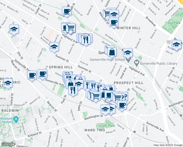 map of restaurants, bars, coffee shops, grocery stores, and more near in Somerville