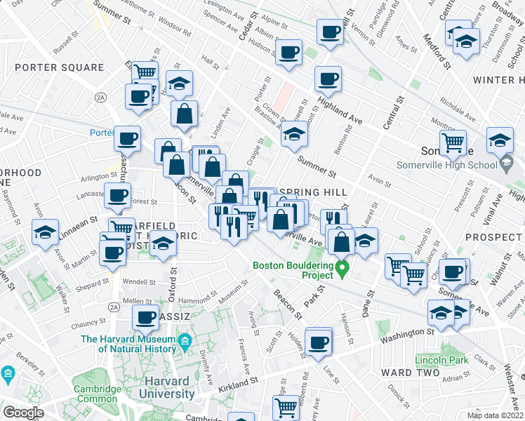 map of restaurants, bars, coffee shops, grocery stores, and more near 22 Belmont Street in Somerville