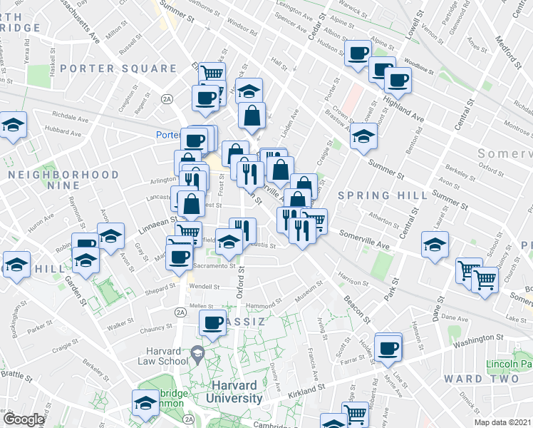 map of restaurants, bars, coffee shops, grocery stores, and more near 345 Beacon Street in Somerville