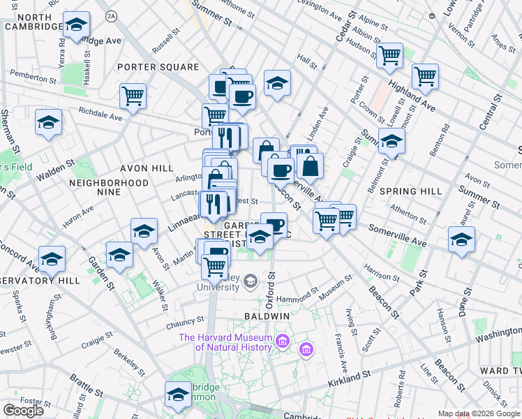 map of restaurants, bars, coffee shops, grocery stores, and more near 133 Oxford Street in Cambridge