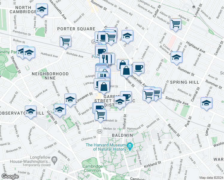 map of restaurants, bars, coffee shops, grocery stores, and more near 9 Forest Street in Cambridge