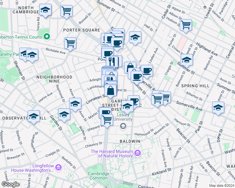 map of restaurants, bars, coffee shops, grocery stores, and more near 9 Forest Street in Cambridge