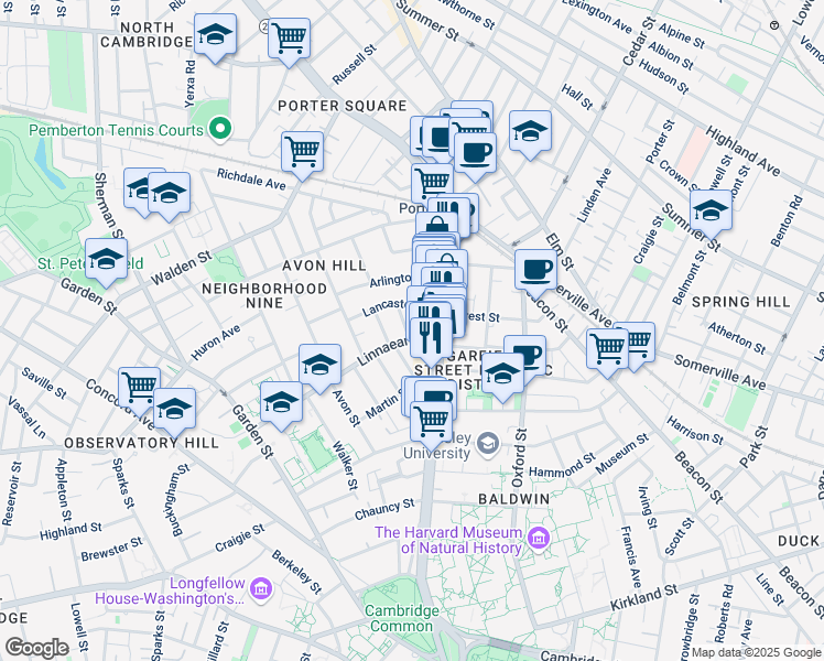 map of restaurants, bars, coffee shops, grocery stores, and more near 15 Humboldt Street in Cambridge