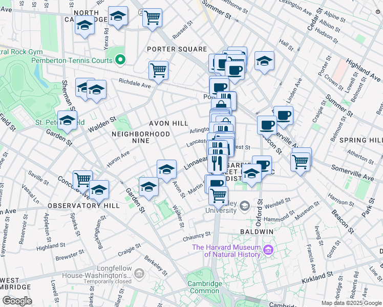map of restaurants, bars, coffee shops, grocery stores, and more near 32 Lancaster Street in Cambridge
