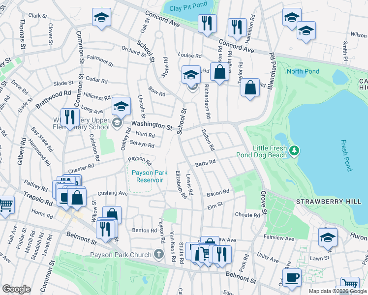 map of restaurants, bars, coffee shops, grocery stores, and more near 18 Shaw Road in Belmont
