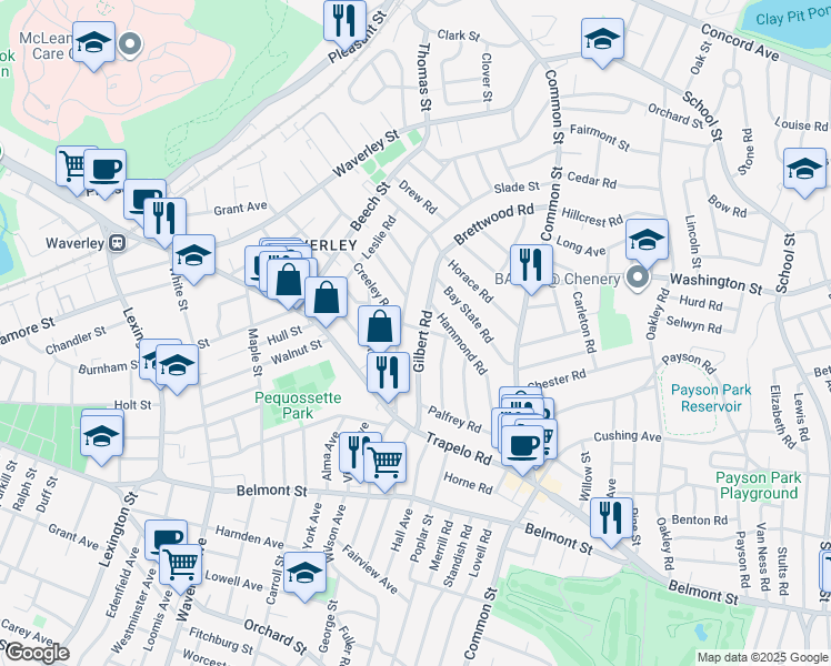 map of restaurants, bars, coffee shops, grocery stores, and more near 91-93 Slade Street in Belmont