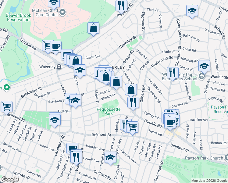 map of restaurants, bars, coffee shops, grocery stores, and more near 25 Wilson Avenue in Belmont
