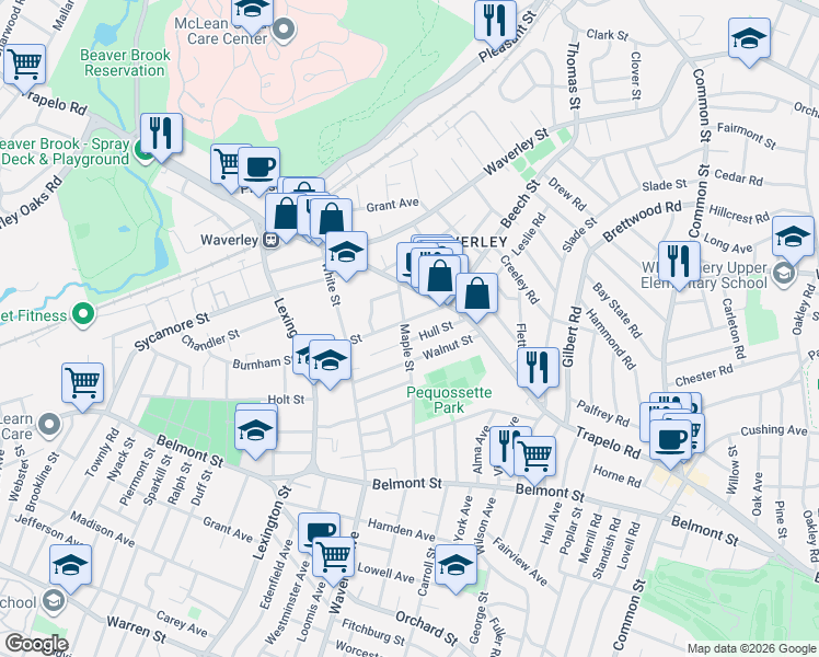 map of restaurants, bars, coffee shops, grocery stores, and more near 20 Maple Street in Belmont