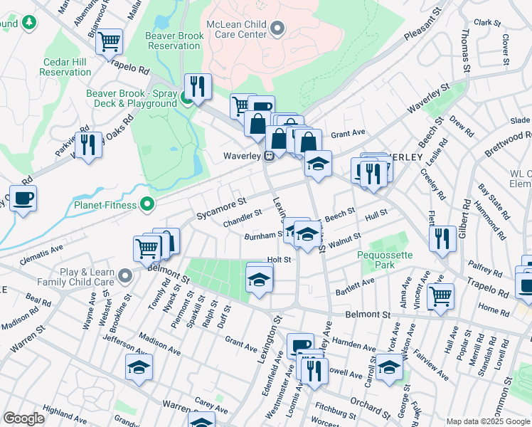 map of restaurants, bars, coffee shops, grocery stores, and more near 104-106 Sycamore Street in Belmont