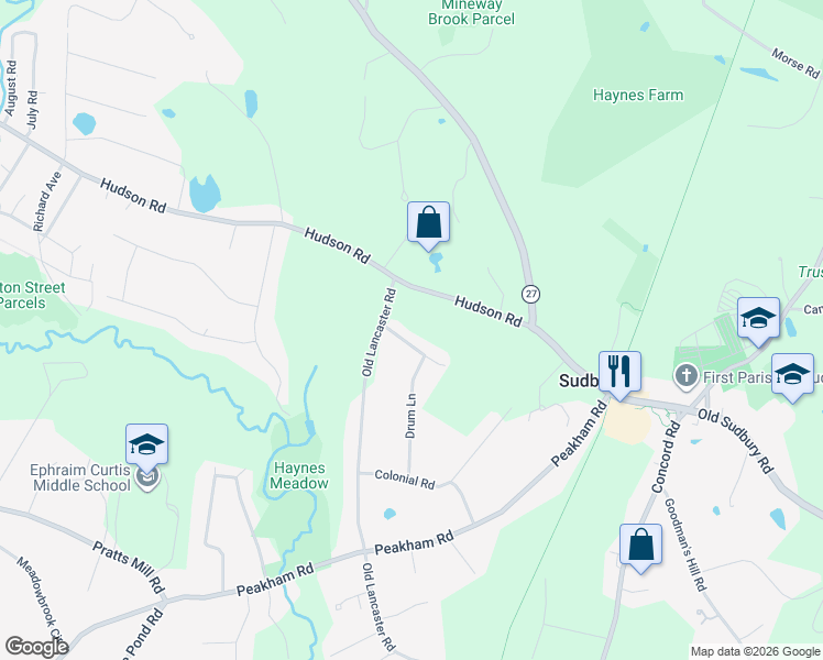 map of restaurants, bars, coffee shops, grocery stores, and more near 125 Hudson Road in Sudbury