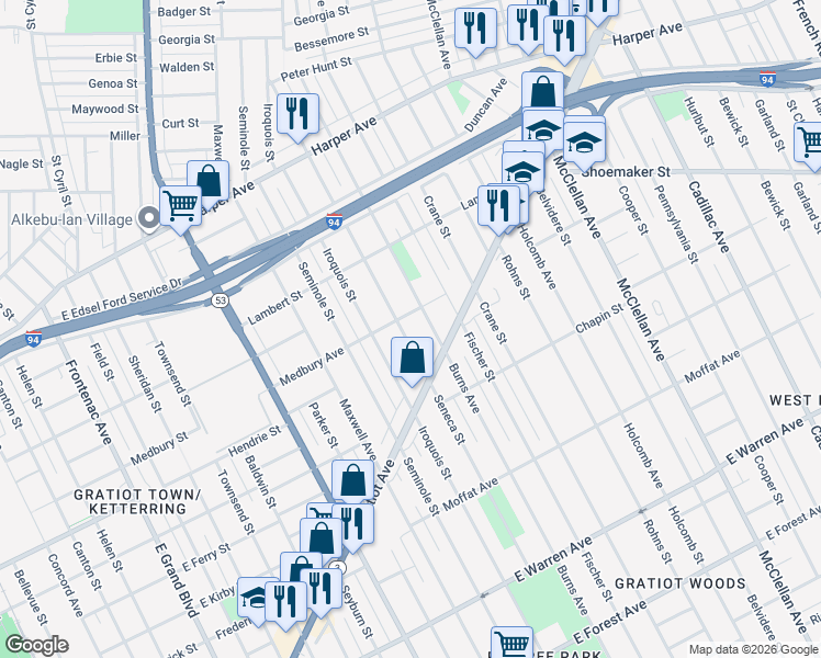 map of restaurants, bars, coffee shops, grocery stores, and more near 5926 Seneca Street in Detroit