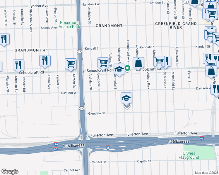 map of restaurants, bars, coffee shops, grocery stores, and more near 13565 Rutland Street in Detroit