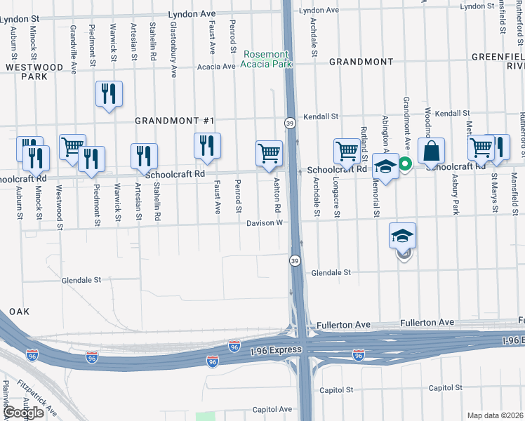 map of restaurants, bars, coffee shops, grocery stores, and more near 13575 Rosemont Avenue in Detroit