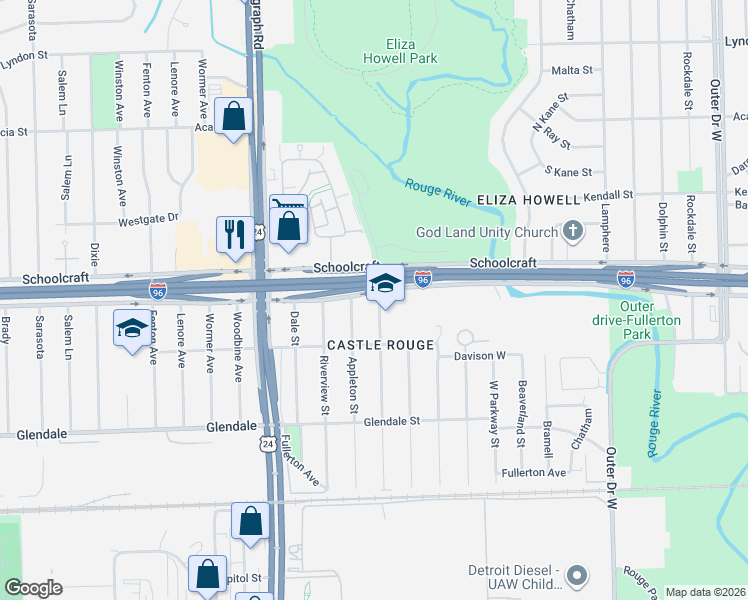 map of restaurants, bars, coffee shops, grocery stores, and more near 23614 Schoolcraft in Detroit