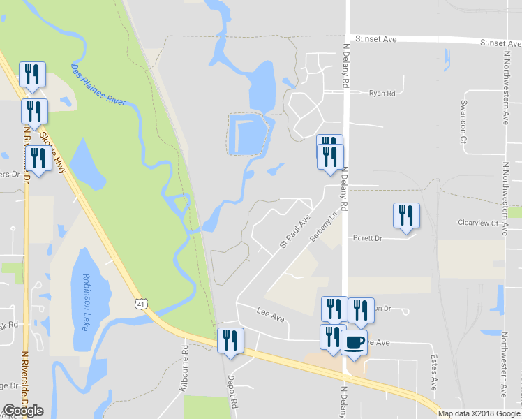 map of restaurants, bars, coffee shops, grocery stores, and more near 1800 Wedgewood Drive in Gurnee