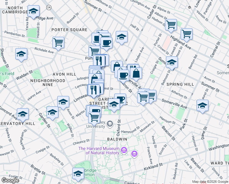map of restaurants, bars, coffee shops, grocery stores, and more near 133 Oxford Street in Cambridge