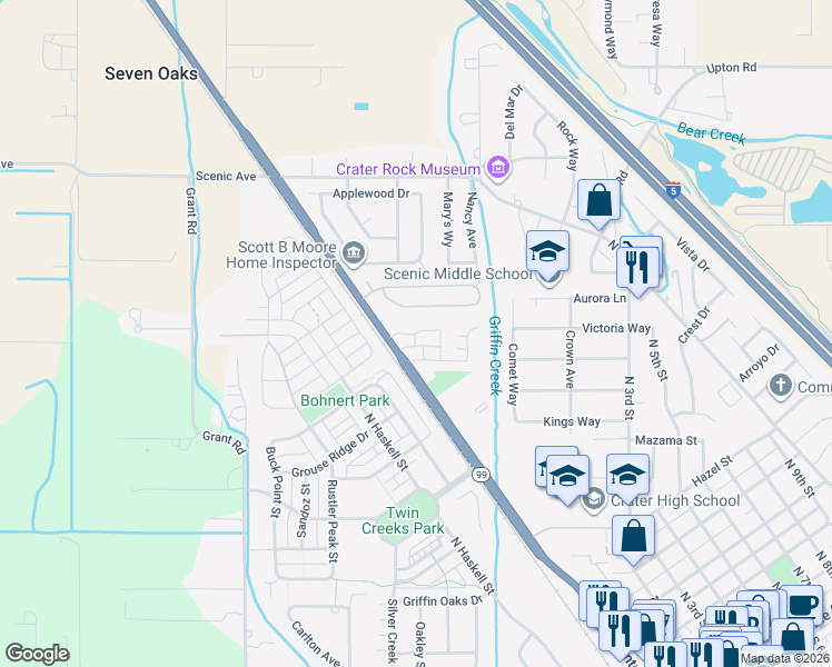 map of restaurants, bars, coffee shops, grocery stores, and more near 327 Brookhaven Drive in Central Point