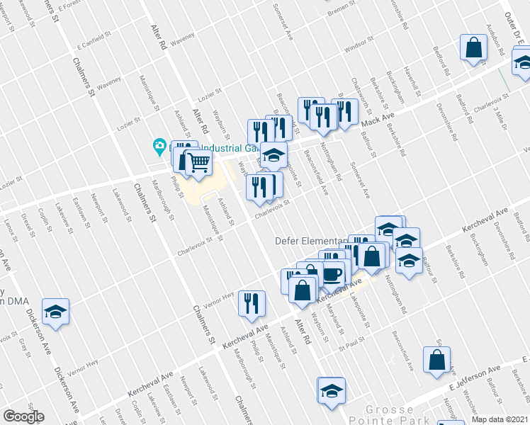 map of restaurants, bars, coffee shops, grocery stores, and more near Charlevoix & Wayburn St in Grosse Pointe Park