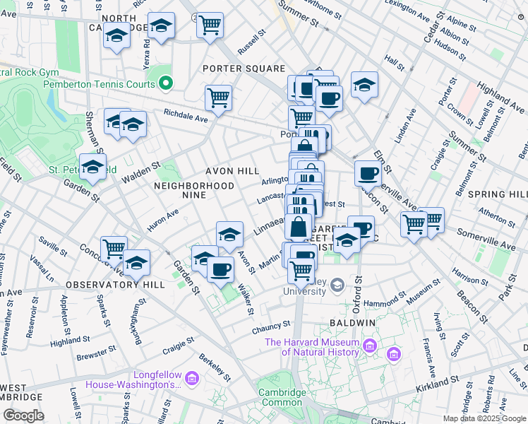 map of restaurants, bars, coffee shops, grocery stores, and more near 32 Lancaster Street in Cambridge