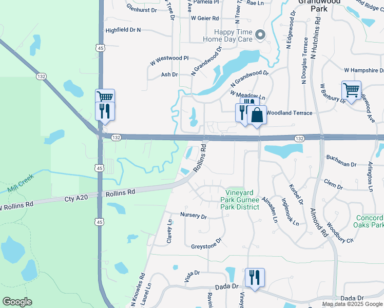 map of restaurants, bars, coffee shops, grocery stores, and more near 7900 Rollins Road in Lake Villa