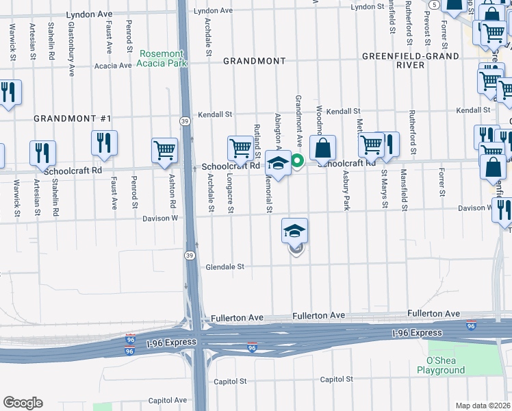 map of restaurants, bars, coffee shops, grocery stores, and more near 13565 Rutland Street in Detroit