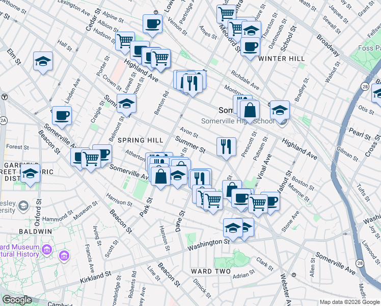 map of restaurants, bars, coffee shops, grocery stores, and more near in Somerville