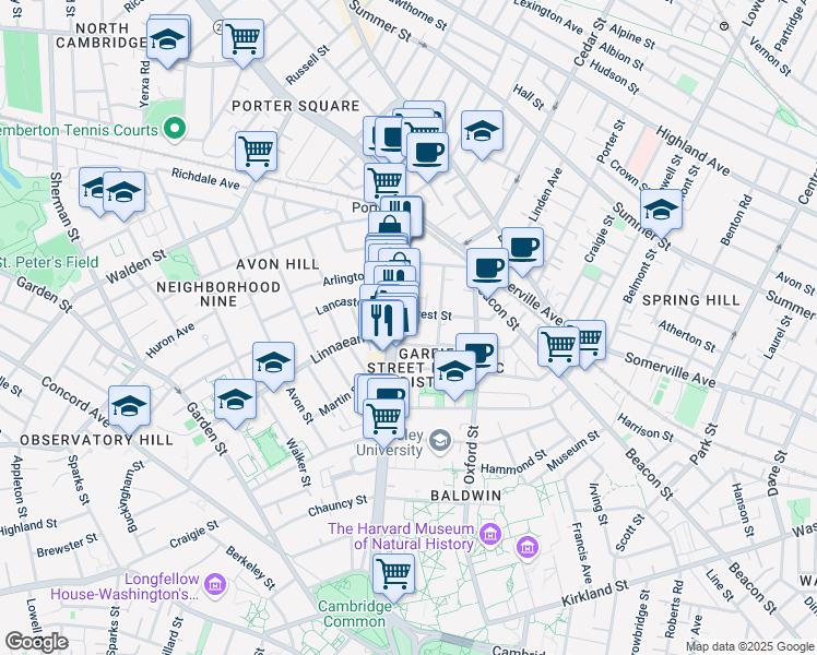 map of restaurants, bars, coffee shops, grocery stores, and more near 1768a Massachusetts Avenue in Cambridge