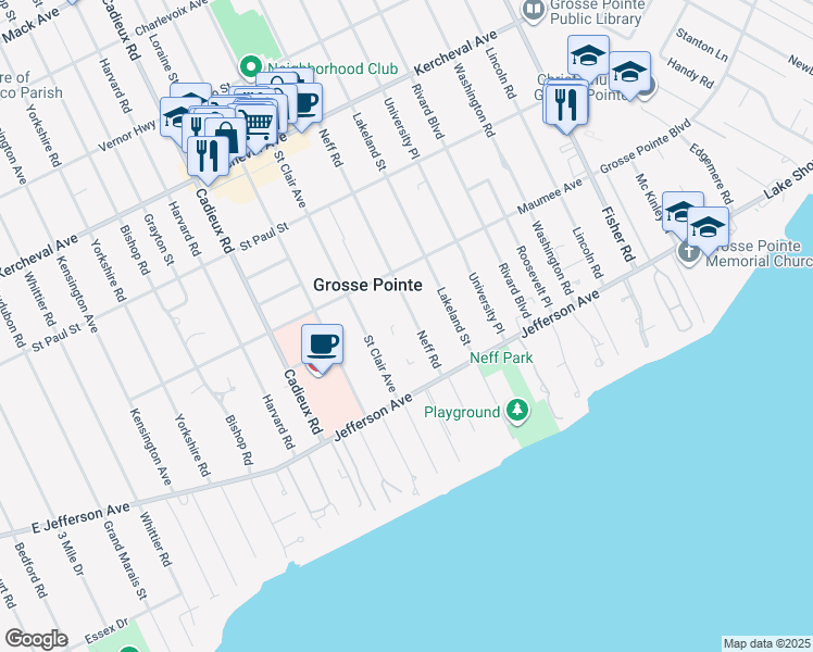 map of restaurants, bars, coffee shops, grocery stores, and more near 399 Neff Road in Grosse Pointe