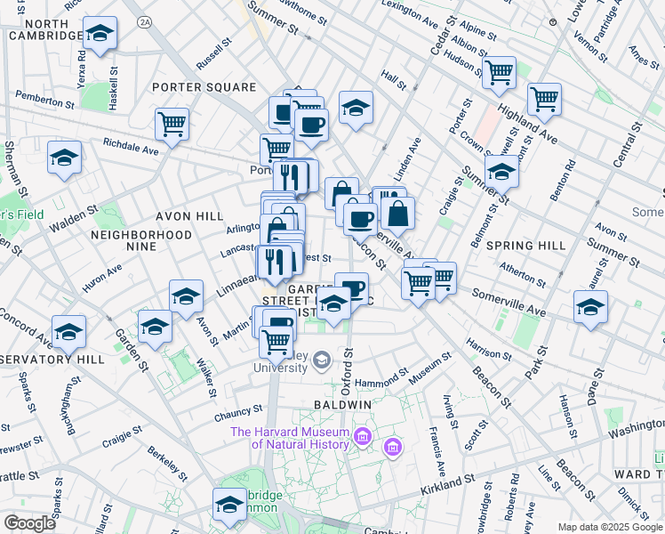 map of restaurants, bars, coffee shops, grocery stores, and more near 19A Forest Street in Cambridge