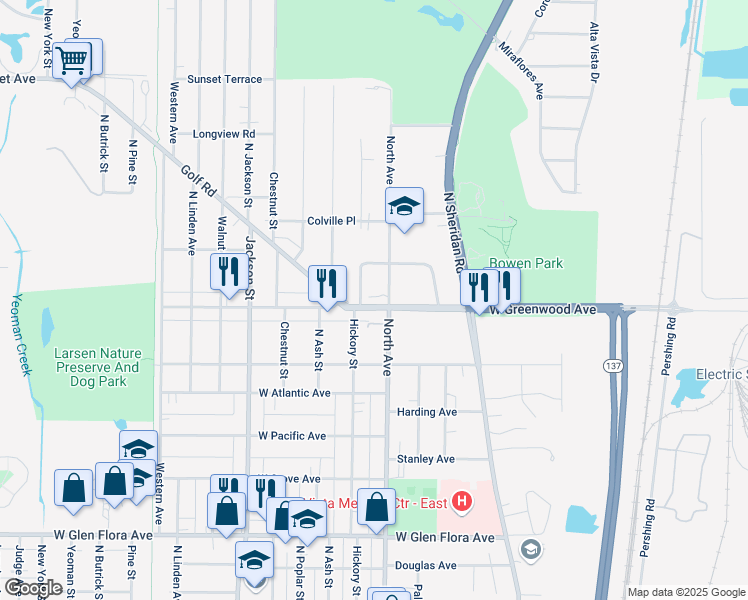 map of restaurants, bars, coffee shops, grocery stores, and more near 470 Glendenning Place in Waukegan