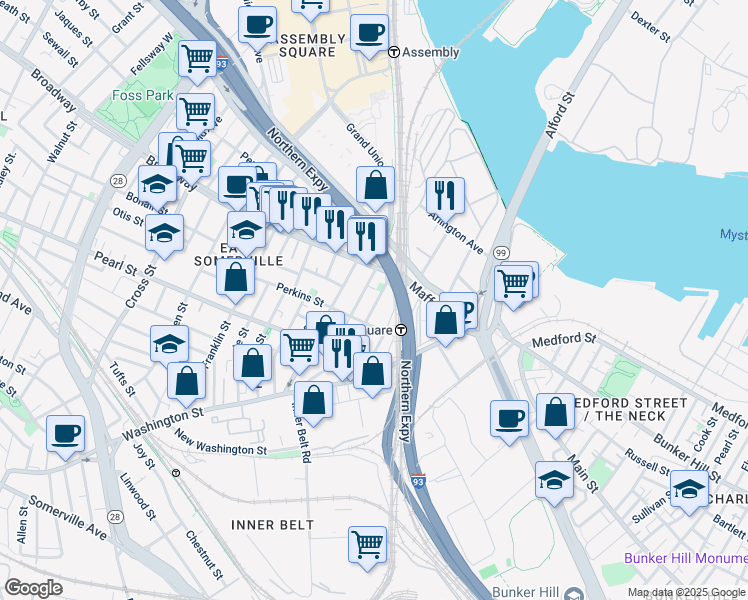 map of restaurants, bars, coffee shops, grocery stores, and more near 21 Caldwell Street in Boston