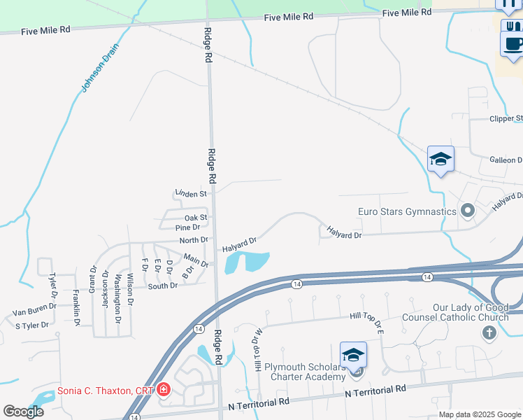 map of restaurants, bars, coffee shops, grocery stores, and more near 49200 Halyard Drive in Plymouth