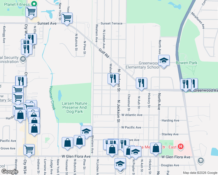 map of restaurants, bars, coffee shops, grocery stores, and more near 1818 Walnut Street in Waukegan
