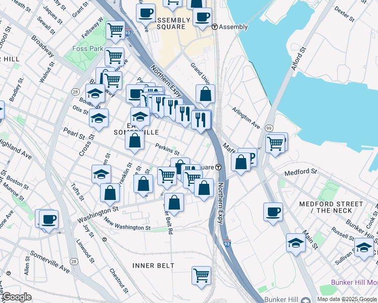 map of restaurants, bars, coffee shops, grocery stores, and more near 16 Mount Vernon Street in Somerville