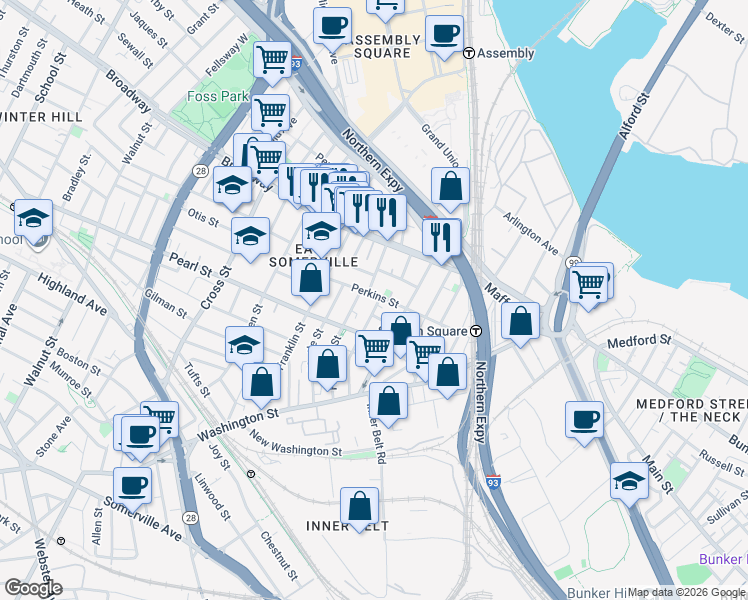map of restaurants, bars, coffee shops, grocery stores, and more near 110 Perkins Street in Somerville