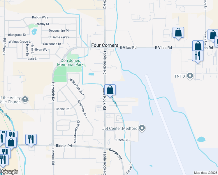 map of restaurants, bars, coffee shops, grocery stores, and more near 4712 Table Rock Road in Central Point