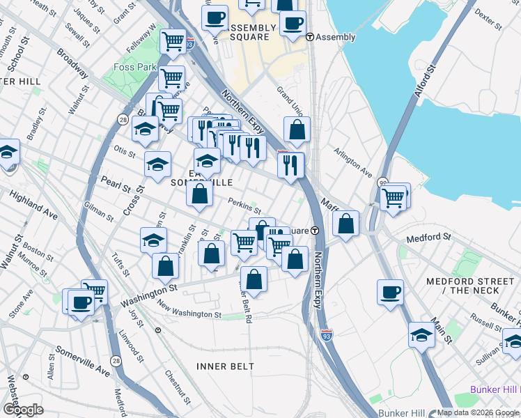 map of restaurants, bars, coffee shops, grocery stores, and more near 20 Lincoln Avenue in Somerville