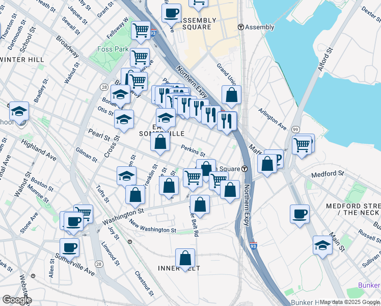 map of restaurants, bars, coffee shops, grocery stores, and more near 129 Perkins Street in Somerville