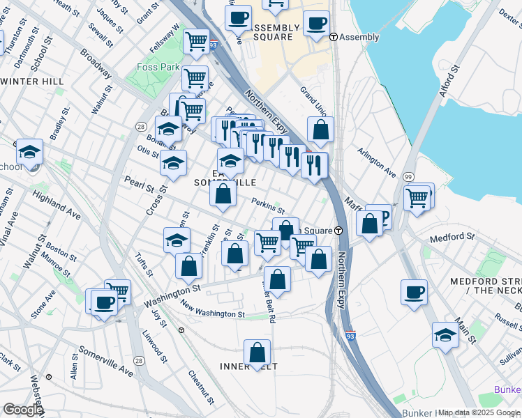 map of restaurants, bars, coffee shops, grocery stores, and more near 129 Perkins Street in Somerville